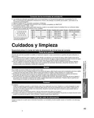 Page 4949
Preguntas
 frecuentes, etc.
 Cuidados y limpieza Información técnica
1
678
39
4510 15141312112
Cuidados y limpieza
Desenchufe primero la clavija del cable de alimentación de CA del toma de corriente.
Panel de la pantalla
El frente del panel de la pantalla ha recibido un tratamiento especial. \
Limpie suavemente la superficie del panel utilizando un
 
paño suave.
  Si la superficie está muy sucia, empape un paño blando y sin pelus\
a en una solución de agua y jabón líquido suave de los  empleados para...