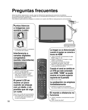 Page 5050
Preguntas frecuentes
Antes de solicitar reparaciones o ayuda, siga las indicaciones siguiente\
s para solucionar el problema.
Si el problema persiste, póngase en contacto con su concesionario de \
Panasonic o con el centro de servicio de 
Panasonic local para solicitar ayuda.
Para obtener ayuda adicional, póngase en contacto con nuestro sitio W\
eb en www.panasonic.com/contactinfo
Puntos blancos 
o imágenes con 
sombra (ruido)
 Compruebe la posición, la orientación 
y la conexión de la antena....