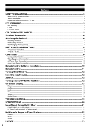 Page 22
Contents
SAFETY PRECAUTIONS ........................................................................\
............................3Note to CATV System Installer ........................................................................\
........................................................................\
......... 3Secure Ventilation ........................................................................\
........................................................................\...