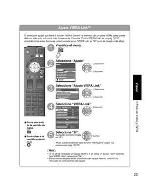 Page 2323
Visión
 Para ver vídeo y DVDs
Ajuste VIERA LinkTM
Si conecta el equipo que tiene la función “HDAVI Control” al televisor con un cable HDMI, usted puede 
disfrutar utilizando la función más conveniente. Consulte “Cont\
rol VIERA Link” en las pág. 32-37.
Antes de utilizar estas funciones, usted necesita poner “VIERA Link” en “Sí” como se muestra más abajo.
■ Pulse para salir 
de la pantalla de 
menú
■ Para volver a la
pantalla anterior
Visualice el menú.
Seleccione “Ajuste”
Menú
Imagen
Audio
VIERA Link...