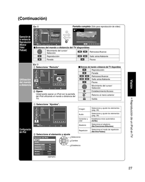 Page 2727
Visión
 Reproducción de un iPod en TV
(Continuación)
Operación de 
la ventana de 
Reproducción 
(Música/
Vídeo/
Podcast)
En Pantalla completa (Sólo para reproducción de vídeo)
Pág. ante.Pág. sigui.RYGB
01:02 / 05:23
SeleccioneRETURNOK
MúsicaMovies1. People
2. Good morning 
3. Stand up
4. Sing a song
5. Monday
6. Star
7. Thank youAllMove MoveMúsica
Vídeos
Podcasts
RemotoAjustes
1 de 1Volver
02:10 / 05:12 
Move
0:24/3:24
■ Botones del mando a distancia del TV disponibles
Movimiento del cursor/...