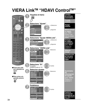 Page 3434
VIERA LinkTM “HDAVI ControlTM” 
Cambio 
de entrada 
automático
Prende 
control
Apaga 
control
Ahorro energía 
en espera 
(para “HDAVI 
Control 4” (con 
modo de arranque 
rápido))
Energía 
en espera 
automática 
(para “HDAVI 
Control 2 o 
posterior”)
Altavoz 
inicial
Reproducción 
de cine para 
casa con un 
toque
Suministro 
de 
información 
de ajuste 
(para “HDAVI 
Control 3 o 
posterior”)
Función de 
sincronización 
automática de voz
(para “HDAVI Control 3 
o posterior”)
■ Pulse para salir 
de la...