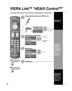 Page 3636
VIERA LinkTM “HDAVI ControlTM” 
Con la función “HDAVI Control” del menú “VIERA Link” puede disfrutar de un funcionamiento 
más conveniente. Para conocer más detalles de la función “HD\
AVI Control”, consulte la pág. 32.
ó
■ Pulse para salir 
de la pantalla de 
menú
■ Para volver a la 
pantalla anterior
 
Visualización del menú VIERA Link
 Seleccione
 Siguiente
VIERA Link
ó
Seleccione el elemento
Grabador
Interno
Control VIERA Link
Salida altavoz
Iniciar grabación
Detener grabación
 Seleccione...