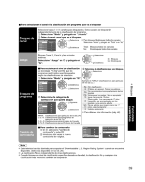 Page 3939
Funciones 
avanzadas
 Bloqueo
■ Para seleccionar el canal ó la clasificación del programa que va a\
 bloquear
Bloqueo de 
canal
Seleccione hasta 7 (1-7) canales para bloquearlos. Estos canales se bl\
oquearán 
independientemente de la clasificación del programa. 
 Seleccione “Modo” y póngalo en “Usuario”
 Seleccione el canal que va a bloquear.
Usuario
3
4
-
-
-
Bloquear canalModo
Canal 1
Canal  2
Canal  3
Canal  4
Canal  5 Seleccione 
 Establezca
 Para bloquear/desbloquear todos los canales:...