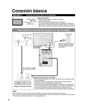 Page 1010
Para conectar la terminal de la antena y la caja de cables
ANT OUTANT IN
ANTENNACable In
DIO
HDMI 1HDMI 2
DIO
HDMI 1HDMI 2
Conexión básica
Nota
  Con el televisor no se suministran todos los cables y equipos externos m\
ostrados en este manual.   Para conocer los detalles de las conexiones de los equipos externos, con\
sulte los manuales de instrucciones de cada equipo. Para obtener más ayuda, visítenos en:   www.panasonic.com
Ejemplo 1Conexión de antena (Para ver la televisión)
TV por
cable
Antena de...