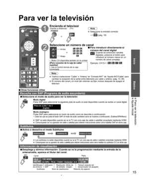 Page 1515
Inicio
Básico
 Para ver la televisión Ajuste Inicial
  Para ver la televisión
Encienda el televisor(TV)
o (mando a distancia)
Nota
  Seleccione la entrada correcta 
--> 
 (pág. 19)
  Seleccione un número de canal
Arriba
Abajoo
•  Botón CH disponible también en la unidad. 
[Para conexión de la caja de cable/
satelital]
- Use el control remoto de la caja 
conectada.
 Para introducir directamente el 
número del canal digital
Cuando se sintonicen canales 
digitales, presione el botón para 
introducir el...