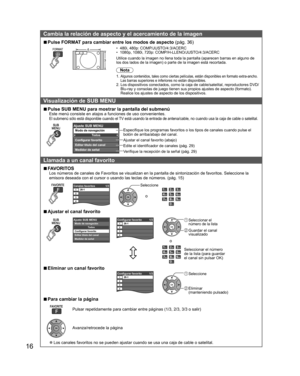 Page 1616
Cambia la relación de aspecto y el acercamiento de la imagen
  vPulse  FORMAT para cambiar entre los modos de aspecto (pág. 36)
•  480i, 480p: COMP/JUSTO/4:3/ ACERC
•  1080p, 1080i, 720p: COMP/H-LLENO/JUSTO/4:3/ACERC
Utilice cuando la imagen no llena toda la pantalla (aparecen barras en alguno de 
los dos lados de la imagen) o parte de la imagen está recortada.
Nota
1.  Algunos contenidos, tales como ciertas películas, están disponibles en formato extra-ancho. Las barras superiores e inferiores no...