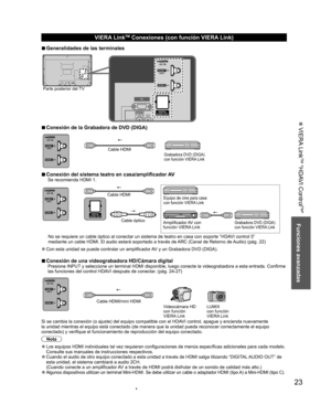 Page 2323
Funciones avanzadas
 VIERA Link
TM “HDAVI Control
TM”
  VIERA LinkTM Conexiones (con funcíón VIERA Link)
  vGeneralidades de las terminales
Parte posterior del TV
  vConexión de la Grabadora de DVD (DIGA)
Grabadora DVD (DIGA) 
con funcíón VIERA LinkCable HDMI
  vConexión del sistema teatro en casa/amplificador AV Se recomienda HDMI 1.
Cable HDMI
Cable ópticoEquipo de cine para casa 
con funcíón VIERA Link
Amplificador AV  con 
funcíón VIERA LinkGrabadora DVD (DIGA) 
con funcíón VIERA Link
No se...