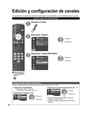 Page 2828
Edición y  configuración de canales
 
Programa auto (Ajuste automático)
Busca y agrega automáticamente los canales que pueden recibirse en la memoria.
 Seleccione “Entrada ANT”    
Seleccione “Cable” o “Antena” 
O seleccione “No utilizado” (pág. 13)
 Seleccione “Programa auto”
 Siguiente
 Seleccione
MenúCableAjuste ANT/CableEntrada ANT
Programa auto
Programa manual
Medidor de señal
 Seleccione el modo de  exploración (pág. 13)MenúPrograma autoTodos los canales
Sólo analógico
Sólo digital Aceptar...