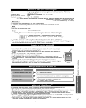 Page 3737
Información de soporte
 Información técnica
VIERA Link “HDAVI ControlTM”
Las conexiones HDMI para algunos equipos Panasonic le permiten hacer interfaz automáticamente. (pág. 23)  Esta función puede no funcionar normalmente dependiendo de la condición del equipo.  Con esta función activada, aunque el televisor esté en el modo de espera, el equipo podrá ser controlado por otros mandos a distancia.   Cuando empieza la reproducción puede que no se disponga de imagen ni sonido durante los primeros...