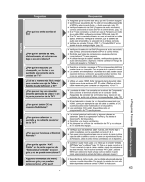 Page 4343
Información de soporte
 Preguntas frecuentes
Preguntas Respuestas
Sonido Otro
¿Por qué no emite sonido el 
TV?
 Asegúrese que el volumen esté alto y que MUTE esté en Apagado. Confirme que los parlantes del TV estén en Encendido presionando 
el MENU y seleccionando Audio  --> Audio avanzado. (pág. 32)
 Verifique la selección del SAP (Programa de audio secundario) 
correcto presionando el botón SAP en el control remoto. (pág. 15)
 Si el TV está conectado a un teatro en casa de Panasonic por medio 
de un...