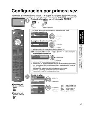 Page 1515
Guía de inicio rápido
 Configuración por primera vez Identificación de los controles
Configuración por primera vez
“Ajuste inicial” se visualiza solamente cuando el TV se enciende por primera vez después de enchufar el 
cable de alimentación en una toma de corriente y cuando “Autoencen\
dido” (págs. 28-29) se pone en “No”.
ó
■  Pulse para salir 
de la pantalla de 
menú
 
■ Para volver a la 
pantalla anterior 
Encienda el televisor con el interruptor POWER.
ó
(mando a distancia)(TV)
 * Este ajuste será...