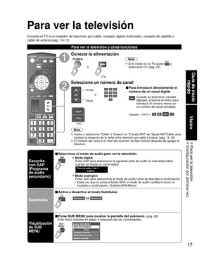 Page 1717
Guía de inicio rápido
Visión
 Para ver la televisión Configuración por primera vez
Para ver la televisión
Conecte el TV a un receptor de televisión por cable, receptor digital multimedia\
, receptor de satélite o 
cable de antena (pág. 10-13)
Para ver la televisión y otras funciones
Conecte la alimentación
(TV)
ó
Nota
 Si el modo no es TV, pulse  y 
seleccione TV. (pág. 22)
Seleccione un número de canal
Arriba
Abajo
ó
■ Para introducir directamente el 
número de un canal digital
Cuando se sintonicen...