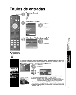 Page 4141
Funciones 
avanzadas
 Títulos de entradas
 Subtítulos
Títulos de entradas
Títulos de 
entradas
Etiquetas de 
visualización 
de 
dispositivos 
externos
Los dispositivos conectados a los terminales de entrada externos se pued\
en etiquetar para identificarlos 
más fácilmente durante la selección de entrada. (En el modo de\
 selección de entrada de la página 22 )
■ Seleccione el terminal y la etiqueta del equipo externo
JUEGO
Títulos de entradasComponente
HDMI 1
HDMI 2
Video 1
Video 2
PC
óG A A...