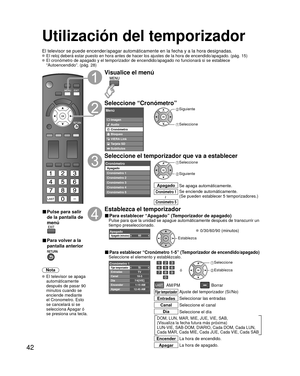 Page 4242
Utilización del temporizador 
El televisor se puede encender/apagar automáticamente en la fecha y a\
 la hora designadas. El reloj deberá estar puesto en hora antes de hacer los ajustes de la\
 hora de encendido/apagado. (pág. 15) El cronómetro de apagado y el temporizador de encendido/apagado no fu\
ncionará si se establece “Autoencendido”. (pág. 28)
■ Pulse para salir 
de la pantalla de 
menú
■ Para volver a la 
pantalla anterior
Nota
 El televisor se apaga automáticamente 
después de pasar 90...