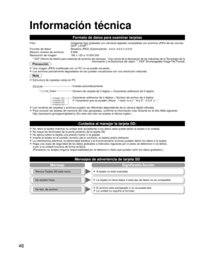 Page 4646
Información técnica 
MensajeSignificado/Acción
Ranura Tarjeta SD está vacía A tarjeta no está insertada.
No existen fotos La tarjeta no tiene datos ó este tipo de datos no es compatible.
No lect. de archivo El archivo está estropeado o no se puede leer. La unidad no soporta el formato.
Formato de datos para examinar tarjetas
Foto:Imágenes fijas grabadas con cámaras digitales compatibles con arch\
ivos JPEG de las normas 
DCF* y EXIF**
Formato de datos: Baseline JPEG (Submuestreo:  4:4:4, 4:2:2 ó...