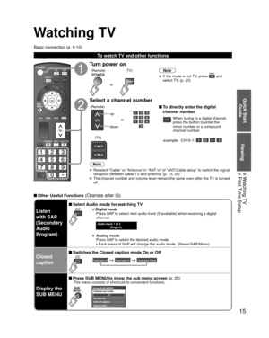 Page 1515
Quick Start Guide
Viewing
 Watching TV First Time Setup
Watching TV
Basic connection (p. 9-10)
To watch TV and other functions
Turn power on
(TV)
or
(Remote)Note
  If the mode is not TV, press  and 
select TV. (p. 20)
Select a channel number
up
down or
(Remote)
 To directly enter the digital 
channel number
When tuning to a digital channel, 
press the button to enter the 
minor number in a compound 
channel number.
example:  CH15-1:    (TV)
Note
  Reselect “Cable” or “Antenna” in “ANT in” of...