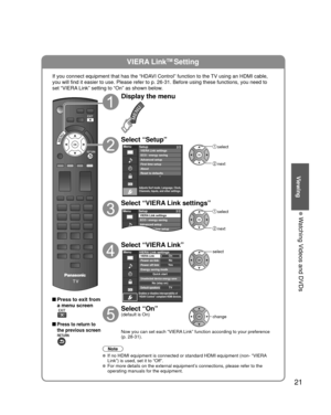 Page 2121
Viewing
 Watching Videos and DVDs
VIERA LinkTM Setting
If you connect equipment that has the “HDAVI Control” function to the TV using an HDMI cable, 
you will find it easier to use. Please refer to p. 26-31. Before using t\
hese functions, you need to 
set “VIERA Link” setting to “On” as shown below.
 Press to exit from a menu screen
 Press to return to 
the previous screen
Display the menu
Select “Setup”
Menu
Adjusts Surf mode, Language, Clock,
Channels, Inputs, and other settings.
Setup 2/2
Advanced...