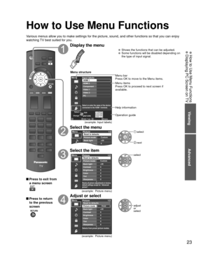 Page 2323
Advanced
 How to Use Menu Functions Displaying PC Screen on TV
Viewing
How to Use Menu Functions
Various menus allow you to make settings for the picture, sound, and othe\
r functions so that you can enjoy 
watching TV best suited for you.
 Press to exit from a menu screen
 Press to return to the previous 
screen
 
Display the menu
  Shows the functions that can be adjusted.  Some functions will be disabled depending on  the type of input signal.
Edit
RETURN
ABC Delete
abc
Menu
RGBY...