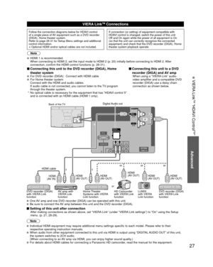 Page 2727
Advanced
 VIERA Link
TM “HDAVI Control
TM”
VIERA LinkTM Connections
Follow the connection diagrams below for HDAVI control 
of a single piece of AV equipment such as a DVD recorder 
(DIGA), Home theater system.
Refer to page 28-31 for Setup Menu settings and additional 
control information.
• Optional HDMI and/or optical cables are not included.
If connection (or setting) of equipment compatible with 
HDAVI control is changed, switch the power of this unit 
Off and On again while the power of all...