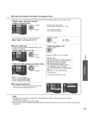 Page 3333
Advanced
 Lock
Note
 This television is designed to support the  “Downloadable U.S. Region\
 Rating System” when available. 
(Available only in U.S.A.)
 The Off rating is independent of other ratings. When placing a lock on a specific-age-based-rating level, the Off rating and any other more restrictive ratings will also 
be blocked.
 To select the channel or the rating of the program to lock
Select up to 7 (1-7) channels to block. These channels will be blocked regardless of the program rating....