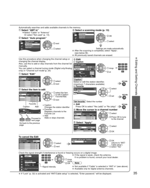 Page 3535
Advanced
 Editing and Setting Channels
Automatically searches and adds available channels to the memory.
 Select “ANT in”    Select “Cable” or “Antenna” 
Or select “Not used” (p. 13). 
 Select “Auto program”
MenuCableANT/Cable setupANT in
Auto program
Manual program
Signal meter next
 select
 Select a scanning mode (p. 13)MenuAuto programAll channels
Analog only
Digital only OK
 select
Settings are made automatically  After the scanning is completed, select “Apply”.
(see below ). All previously saved...