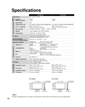 Page 4848
Specifications
3.3 ” (83 mm) 3.7 ” (93 mm)3.5 ” (87 mm)
3.9 ” (97 mm)
8.6 ” (217 mm)
31.5 ” (798 mm)
20.2 ” (511 mm)
21.7 ” (551 mm)
14.2 ”
(359 mm) 11.3 ” (287 mm)
36.1 ” (915 mm)
15.8 ”
(399 mm)
22.8 ” (577 mm) 24.5 ” (620 mm)
Note
  Design and Specifications are subject to change without notice. Mass and\
 Dimensions shown are approximate.
TC-L32C22 TC-L37C22
Power Source AC 1
 10-127 V, 60 Hz
Power 
ConsumptionMaximum
Standby condition 100 W
0.3 W
149 W
0.3 W
Display panelAspect Ratio
16:9
Visible...