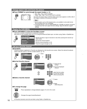 Page 1616
Change aspect ratio and Zoom the picture
 
vPress   FORMAT to cycle through the aspect modes  (p. 36)
•  480i, 480p:  FULL/JUST/4:3/ ZOOM
•  1080p, 1080i, 720p:  FULL/H-FILL/JUST/4:3/ZOOM
Use when the picture does not fill the whole screen (bars appears on ei\
ther side of 
the image) or portions of the picture is trimmed.
Note
1.   Some content, such as film-based movies, are available in extra-wide for\
mat. 
Top and bottom bars are unavailable.
2.   Connected devices, such as Cable/Satellite box,...