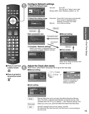 Page 1515
Getting started
 First Time Setup
 Press to exit from a menu screen
 
 
■Press to go back to 
the previous screen
Configure  Network settings Select the Network type
Network settings
Step 6 of 7
RETURNOK
Select
Automatic Manual
Checks for proper network connection, settings and 
communication to the Internet and server 
automatically.
 Select the setting mode
Network settings
Connection test Step 6 of 7
Check Ethernet cable connection
Validate IP address
Check for IP address duplication
Check...