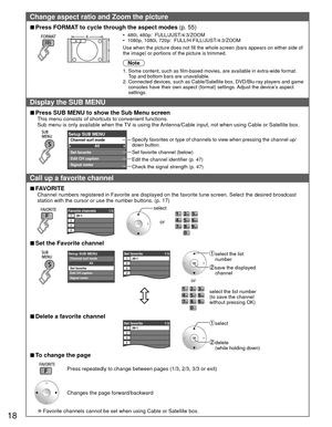 Page 1818
Change aspect ratio and Zoom the picture
 
■Press  FORMAT to cycle through the aspect modes  (p. 55)
•  480i, 480p:  FULL/JUST/4:3/ ZOOM
•  1080p, 1080i, 720p:  FULL/H-FILL/JUST/4:3/ZOOM
Use when the picture does not fill the whole screen (bars appears on ei\
ther side of 
the image) or portions of the picture is trimmed.
Note
1.  Some content, such as film-based movies, are available in extra-wide for\
mat. 
Top and bottom bars are unavailable.
2.  Connected devices, such as Cable/Satellite box,...