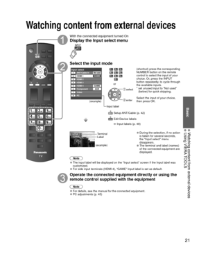 Page 2121
Basic
 Watching content from external devices Using VIERA TOOLS
With the connected equipment turned On
Display the  Input select menu
Select the input mode
Input selectANT/Cable In12345678
HDMI 1
HDMI 2
HDMI 3
Video
PCGAME
HDMI 4
Component
AUX
GAME
Not used
(example)
Input label
or
 select
 enter
  Setup ANT/Cable (p. 42)
  Edit Device labels 
 Input labels (p. 48) (shortcut) press the corresponding 
NUMBER button on the remote 
control to select the input of your 
choice. Or, press the INPUT 
button...