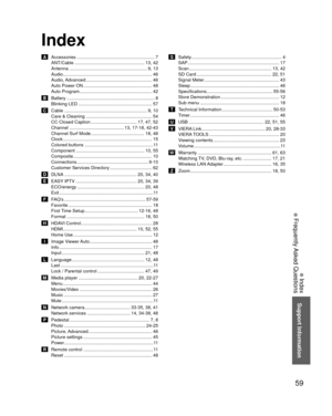 Page 5959
Support Information
 Index
 Frequently Asked Questions
Index
 A  Accessories ............................................................. 7ANT/Cable ....................................................... 13,  42
Antenna ............................................................. 9, 
13
Audio ..................................................................\
.... 46
Audio, Advanced .................................................... 46
Auto Power ON...