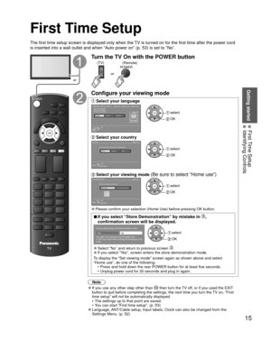 Page 15Getting started
15
• 
First Time Setup
• 
Identifying Controls
 First Time Setup
POWER
OK
or
Turn the TV On with the POWER button
(TV)(Remote)
or
POWER
Configure your viewing mode
 Select your  languageLanguage / Idioma / LangueStep 1 of 7 / Paso 1 de 7 / Étape 1 de 7
OKSelect
Selección Sélection
English Español Français
Select your language
Seleccione su idioma
Sélection de la langueOK select
 OK
 Select your countryStep 2 of 7
RETURN
OK
Select
Country
Select the country where this TV is being...