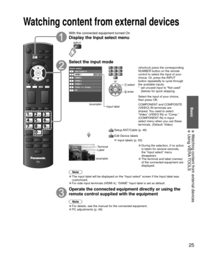 Page 25Basic
25
• 
Watching content from external devices
• 
Using VIERA TOOLS
R
JKLGHIMNO
TUVPQRSWXYZ
ABCDEF
,
@
INPUT
G
OK
With the connected equipment turned On
Display the  Input select menu
INPUT
Select the input mode
Input selectANT/Cable In12345
HDMI 1
HDMI 2
HDMI 3
HDMI 467PCVideo Comp.
GAME
(example)Input label
JKLGHIMNOTUV,PQRSWXYZ
ABCDEF@(shortcut) press the corresponding 
NUMBER button on the remote 
control to select the input of your 
choice. Or, press the INPUT 
button repeatedly to cycle through...