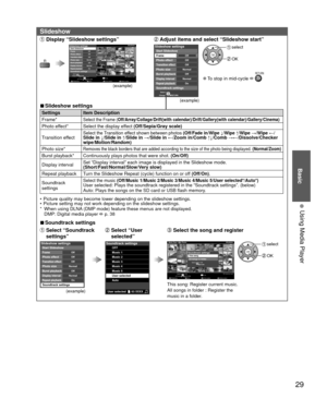 Page 29Basic
29
• 
Using Media Player
 Slideshow
 Display “Slideshow settings” Adjust items and select “Slideshow start”
R
sotohp llA
otohP           reyalP aideM
Media select
Slideshow Drive selectInfo
SD memory card
OK
Select
RETURNSort
OPTION
Select
Change RETURN
OffOffOffNormalOffNormalOn
Slideshow settingsFrameStart Slideshow
Photo effect
Transition effectPhoto sizeBurst playbackDisplay intervalRepeat playbackSoundtrack settings
Select
Change RETURN
OffOffOffNormalOffNormalOn
Slideshow settings
FrameStart...
