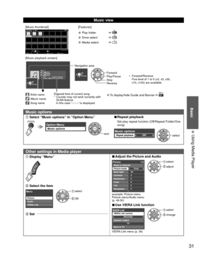 Page 31Basic
31
• 
Using Media Player
 Music view
[Music thumbnail][Features]Folders
My Music_1My Music_2 My Music_3
Media Player           Music
Media select
Play Folder Drive select Info
SD memory card
OK
Select
RETURN
OPTION
• Play folder  R
• Drive select  B
• Media select  Y
[Music playback screen]
Music options
 Select “Music options” in “Option Menu” 
■Repeat playback
OPTIONOption Menu
Music optionsOK
next
Set play repeat function (Off/Repeat Folder/One 
song)
Off
Music options
Repeat playbackOKselect...