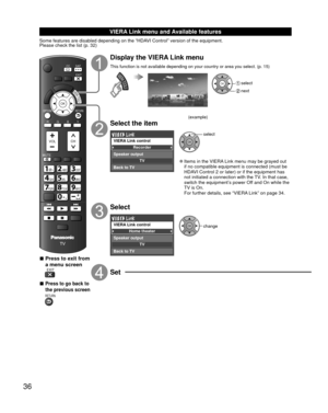 Page 3636
 VIERA Link menu and Available features
Some features are disabled depending on the “HDAVI Control” version of the equipment. 
Please check the list (p. 32)
VOL
MUTE
JKLGHIMNO
TUVPQRSWXYZ
ABCDEF
,
@
SAP
CH
CC
VIERA TOOLS
BRY
OPTION
G
RETURN
EXIT
OK
 
■Press to exit from 
a menu screen
 EXIT
 
■Press to go back to 
the previous screen
 RETURN
Display the VIERA Link menu
This function is not available depending on your country or area you sel\
ect. (p. 15) 
VIERA TOOLSOK select
 next
(example)
Select...