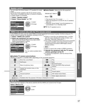 Page 37Advanced
37
• 
VIERA Link
TM “HDAVI Control
TM”
Speaker control
You can select the Home theater or TV speakers for audio 
output.
Control the theater speakers with the TV remote control.
This function is available only when a Panasonic Amplifier 
or Player theater is connected. 
■Home theater: Adjustment for the equipment
Volume up / down  VOL
Mute  MUTE
 Select “Speaker output”
 Select “Home theater” or “TV”• The sound of the TV is muted.
• When the equipment is turned off, the TV speakers 
take over.
•...