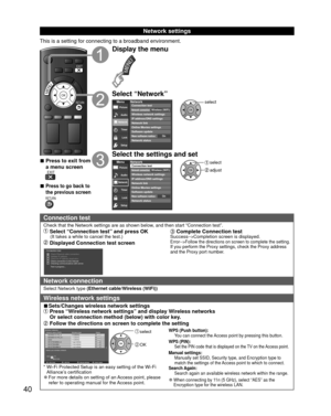 Page 4040
Network settings
This is a setting for connecting to a broadband environment.
RETURN
EXIT
OKMENU
 
■Press to exit from 
a menu screen
 EXIT
 
■Press to go back to 
the previous screen
 RETURN
Display the menu
MENU
Select “Network”
MenuPicture
Network Audio
Timer Lock
Setup
Network
Software updateOnline Movies settings
New software noticeNetwork status    Connection test
Network connectionWireless network settings
IP address/DNS settings
Network link
Wireless (WiFi)
On
OK
select
Select the settings and...