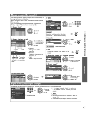 Page 47Advanced
47
• 
Editing and Setting Channels
Manual program (Set manually)
Use this procedure when changing the channel setup or 
changing the channel display.
Also, use this to add or skip channels from the channel 
list manually. 
You can select a channel tuning mode (Digital only/
Analog only) in “Channel surf mode” (p. 52) Edit
 
●Caption
---
80-101
Edit CH caption
Caption ChannelOK
RETURN
Delete
ABC  → abc
@ 
D A
Select
OK change
 set or
JKLGHIMNOTUV,PQRSWXYZ
ABCDEF@
 Select “Edit”Manual programEdit...