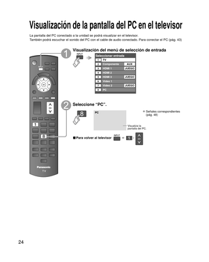 Page 2424
Visualización de la pantalla del PC en el televisor
La pantalla del PC conectado a la unidad se podrá visualizar en el te\
levisor.
También podrá escuchar el sonido del PC con el cable de audio conec\
tado. Para conectar el PC (pág. 43)
Visualización del menú de selección de entrada
Seleccionar entrada
TV1
2
3
4
5
6
7
8
Componente
HDMI 2
HDMI 3
Video 1
PC Video 2
AUX
JUEGO
HDMI 1 JUEGO
JUEGO
Seleccione “PC”.
PC
Visualiza la 
pantalla del PC.
  
Señales correspondientes
(pág. 48)
■ Para volver al...