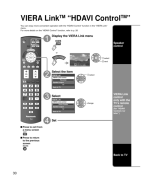 Page 3030
Speaker 
control
VIERA Link
control
only with the 
TV’
s remote 
control
(for “HDAVI 
Control 2 or 
later”) 
Back to TV
VIERA LinkTM “HDAVI ControlTM”
You can enjoy more convenient operation with the “HDAVI Control” function in the “VIERA Link” 
menu.
For more details on the “HDAVI Control” function, refer to p. 26
 Press to exit from 
a menu screen
 Press to return to the previous 
screen
Display the VIERA Link menu
VIERA Link
 select
 next
or
Select the item
Recorder
TV
VIERA Link control
Speaker...