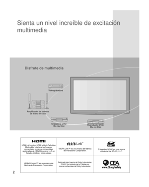 Page 22
HDMI, el logotipo HDMI y High-Definition Multimedia Interface son marcas 
comerciales o marcas comerciales 
registradas de HDMI Licensing LLC en  Estados Unidos y otros países.
VIERA Link™ es una marca de fábrica  de Panasonic Corporation.El logotipo SDHC es una marca comercial de SD-3C, LLC.
HDAVI Control™ es una marca de  fábrica de Panasonic Corporation.
Fabricado bajo licencia de Dolby Laboratories.  DOLBY y el símbolo de la D doble son 
marcas comerciales de Dolby Laboratories.
Sienta un nivel...