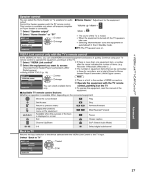 Page 2727
Advanced
 VIERA Link
TM “HDAVI Control
TM”
Speaker control
You can select the Home theater or TV speakers for audio 
output.
Control the theater speakers with the TV remote control.
This function is available only when a Panasonic Amplifier 
or Player theater is connected.
 Select “Speaker output”
 Select “Home theater” or “TV”
 select
 changeRecorder
TVBack to TV VIERA Link control
Speaker output
 
■Home theater: Adjustment for the equipment
  Volume up / down  
 Mute   
• The sound of the TV is...