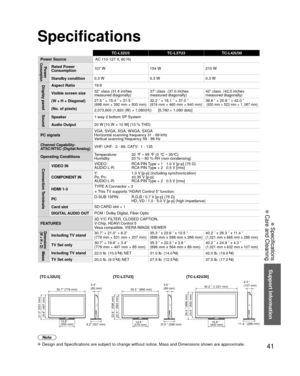 Page 4141
Support Information
 Specifications
 Care and Cleaning
 Specifications
TC-L32U3TC-L37U3TC-L42U30
Power Source AC 1
 10-127 V, 60 Hz
Power ConsumptionRated Power 
Consumption107 W 154 W 210 W
Standby condition 0.3 W 0.3 W 0.3 W
Display panelAspect Ratio16:9
Visible screen size
(W × H × Diagonal)
(No. of pixels) 32” class (31.5 inches 
measured diagonally)
37” class  (37.0 inches 
measured diagonally)42” class  (42.0 inches 
measured diagonally)
27.5 ” × 15.4 ” × 31.5 ”
(698 mm × 392 mm × 800 mm)32.2 ”...