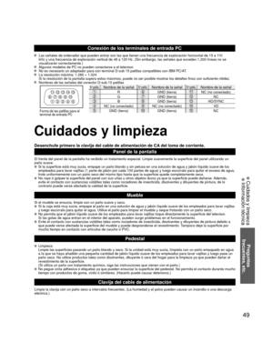 Page 10349
Preguntas
 frecuentes, etc.
 Cuidados y limpieza Información técnica
1
678
39
4510 15141312112
Cuidados y limpieza
Desenchufe primero la clavija del cable de alimentación de CA del toma de corriente.
Panel de la pantalla
El frente del panel de la pantalla ha recibido un tratamiento especial. \
Limpie suavemente la superficie del panel utilizando un 
paño suave.
  Si la superficie está muy sucia, empape un paño blando y sin pelus\
a en una solución de agua y jabón líquido suave de los 
empleados para...