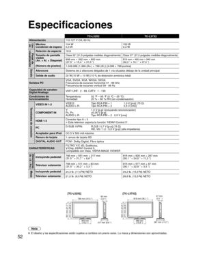 Page 10652
TC-L32X2TC-L37X2
Alimentación 1
 10-127 V CA, 60 HzCons- 
umoMáximo
Condición de espera 104 W
0,3 W 153 W
0,3 W
Panel de
visualizaciónRelación de aspecto 16:9
Tamaño de pantalla 
visible
(An. × Al. × Diagonal)
(Número de píxeles)
Clase 32” (31,5 pulgadas medidas diagonalmente) Clase 37” (37,0 pulgadas medidas diagonalmente)
698 mm × 392 mm × 800 mm
(27,5 ” × 15,4 ” × 31,5 ”)819 mm × 460 mm × 940 mm
(32,2 ” × 18,1 ” × 37,0 ”)
1.049.088 (1.366 (An.) × 768 (Al.)) [4.098 × 768 puntos]SonidoAltavoces...