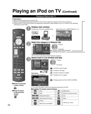 Page 2222
Playing an iPod on TV (Continued)
Playing an iPod on this TV
Preparations  Set up iPod Universal Dock for iPod (P. 20).  Before connecting/disconnecting the iPod, turn the TV off or reduce the volume of the TV to its minimum  Use the menu on your iPod to select the appropriate video/photo output s\
ettings for your TV. (Refer to the operating instructions of your iPod.)
 Press to exit from 
a menu screen
 Press to return to the previous 
screen
 
Display main window
Connect your iPod (not included)...