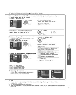 Page 3737
Advanced
 Lock
Note
 This television is designed to support the  “Downloadable U.S. Region\
 Rating System” when available. 
(Available only in U.S.A.)
 The Off rating is independent of other ratings. When placing a lock on a specific-age-based-rating level, the Off rating and any other more restrictive ratings will also 
be blocked.
 To select the channel or the rating of the program to lock
Select up to 7 (1-7) channels to block. These channels will be blocked regardless of the program rating....