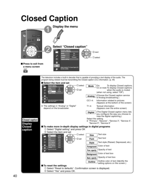 Page 4040
Closed Caption
Closed caption
Display
Closed 
caption
The television includes a built-in decoder that is capable of providing \
a text display of the audio. The 
program being viewed must be transmitting the Closed caption (CC) info\
rmation. (p. 45)
 Select the item and setMenu
PrimaryCC1On
Closed caption
Digital Mode
Analog
Digital setting Reset to defaults
Selects style and language for displaying
digital Closed Caption.
 select
 set
Mode
On:  To display Closed captions.CC on mute:  
To display...